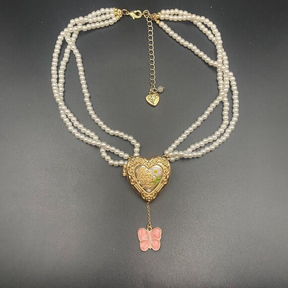 Betsey Johnson Locket 3 Strand Faux Pearl Necklace Heart Butterfly Gold Tone - Picture 1 of 10